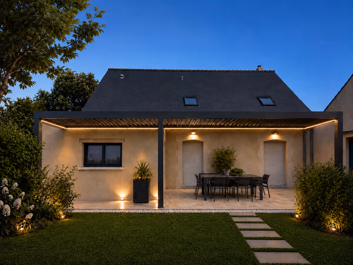 Terrasse aménagée devant une maison au crépuscule